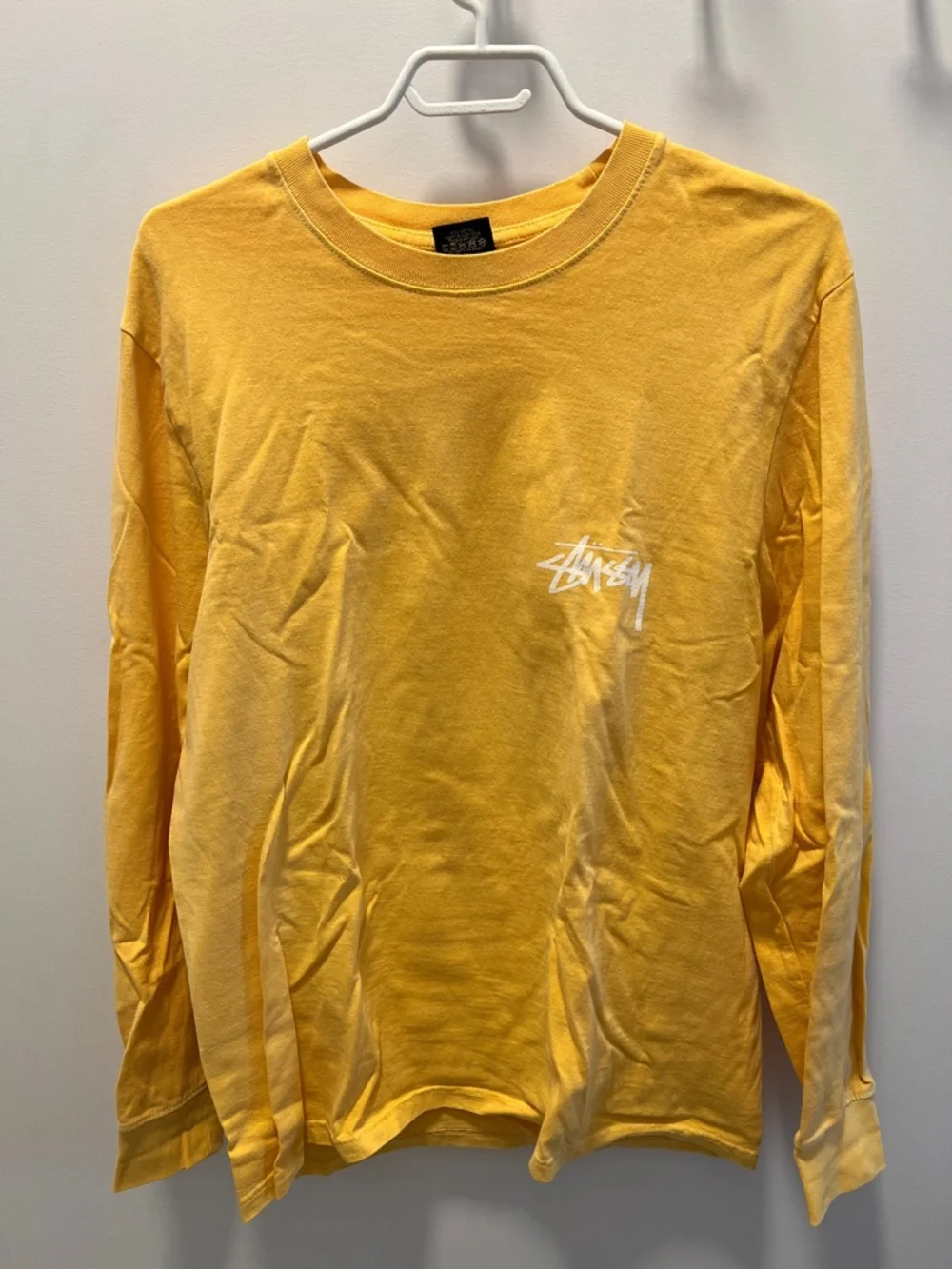 Stussy Yellow Crewneck Long Sleeve Tee with White Logo Tag - Picture 4 of 5
